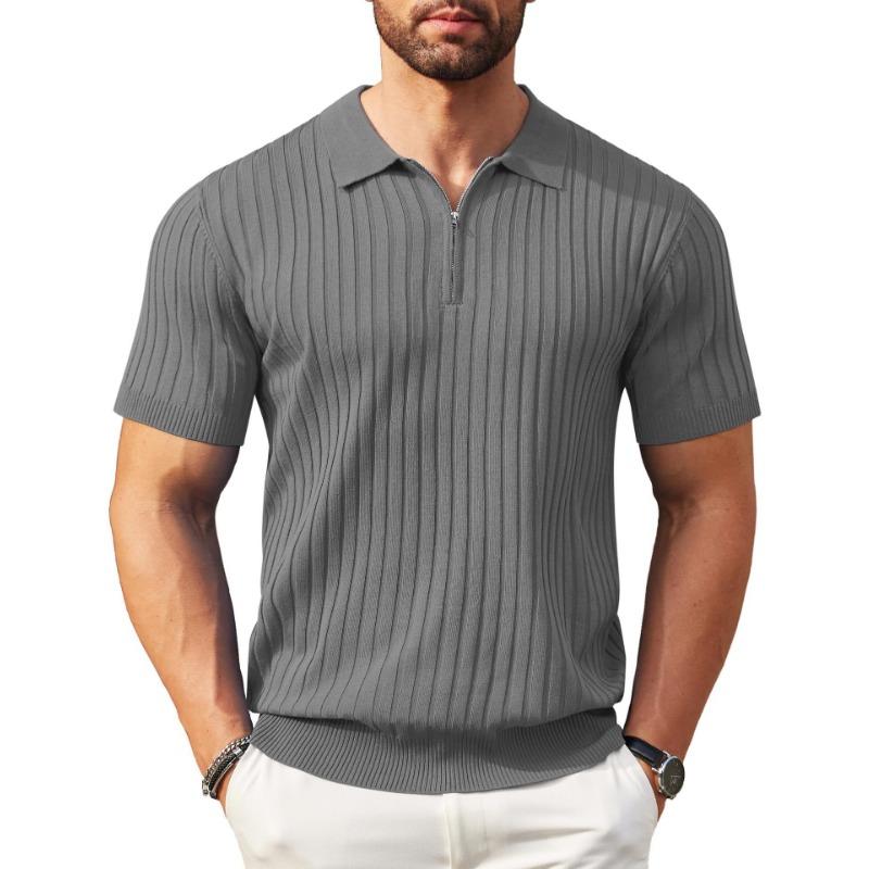 Mens Casual Solid Color Knit Half Zip Short Sleeve Polo Shirt