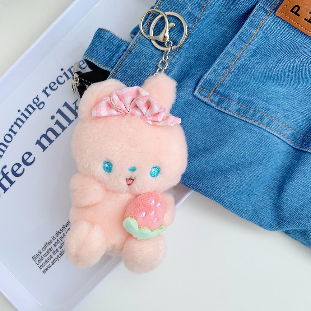 Charming Bowknot Strawberry Bunny Keychain Short Plush Toy Customizable In Three Colors