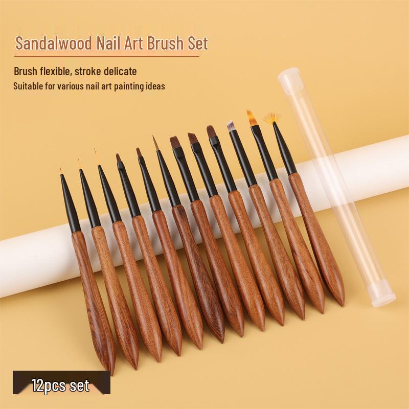 Japanese Sandalwood Nail Art Brush Set - 12-Piece Gourd Handle Wood Rods for Gel Polish and Liner Art