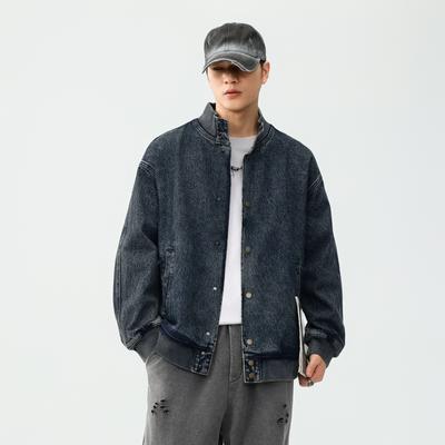 American Retro Stand-Up Collar Locomotive Denim Jacket Men'S Retro Trendy Brand Washed Casual Jacket Men'S Clothing