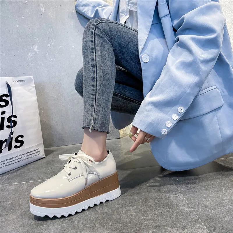 Women's 41-Size British-Style Patent Leather Lace-Up Loafers - Wedge-Heeled Platform, Thick-Soled