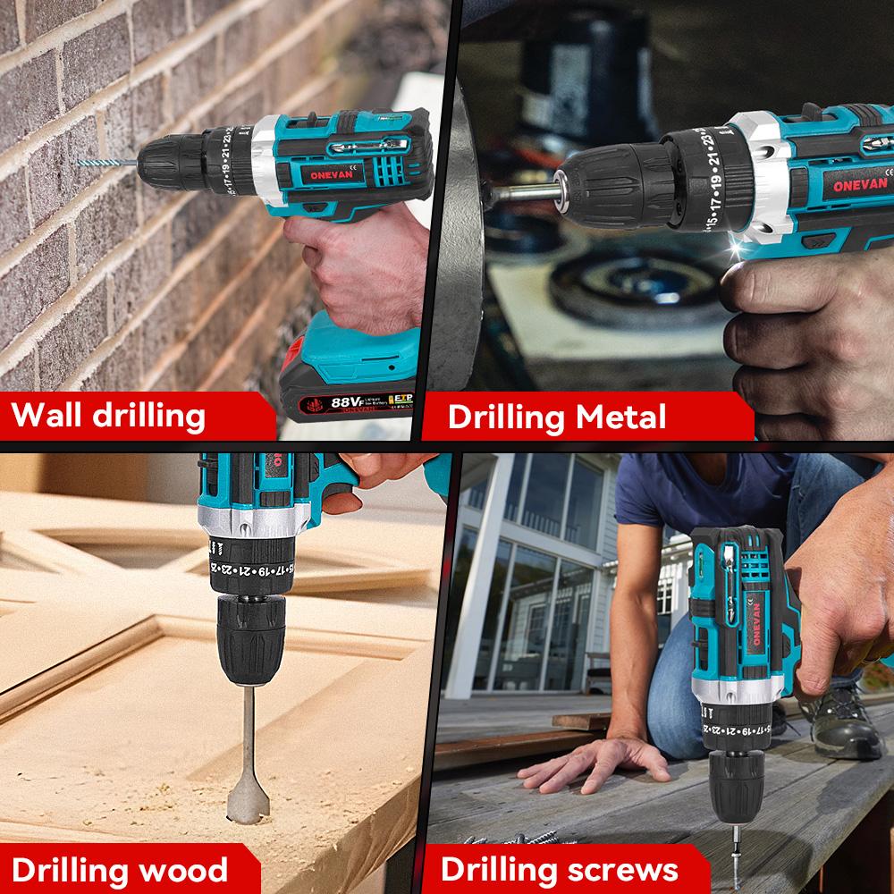 ONEVAN Electric Impact Drill 25+3 Torque 500W Cordless Electric Screwdriver Woodworking Power Tool For Makita 18V Battery Pin