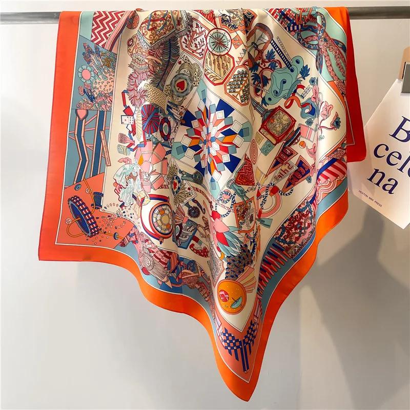 90cm Square Shawls and Scarves Twill Silk Scarf Female Big Kerchief Printed Hijab Scarf For Women Headband Neckerchief Wraps