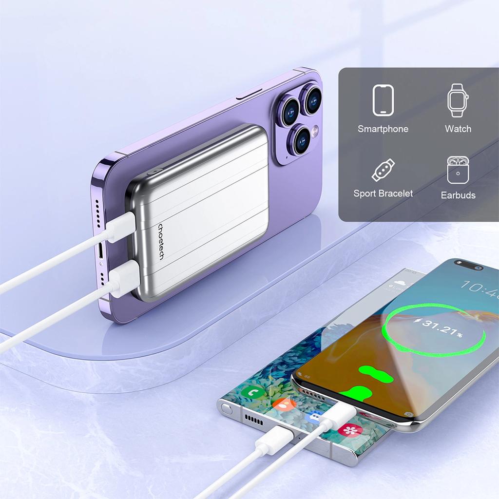 Choetech B655 Induction Mini Power Bank Magsafe Usb-A / Usb-C 5000Mah - Silver