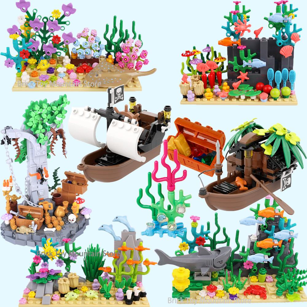 MOC Toys Sea Animals World Building Blocks Sets Dolphin Shark Devil Fish shell Seaweed Lobster Crab Coral Shell Gifts