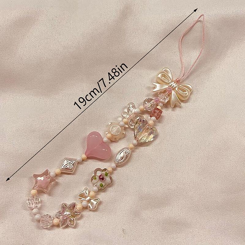 Cute Pink Cherry Blossom Love Bow Beads Mobile Phone Chain Lanyard Keychain Pendant Sweet Charm Girly Bag Hanging Ornaments Gift