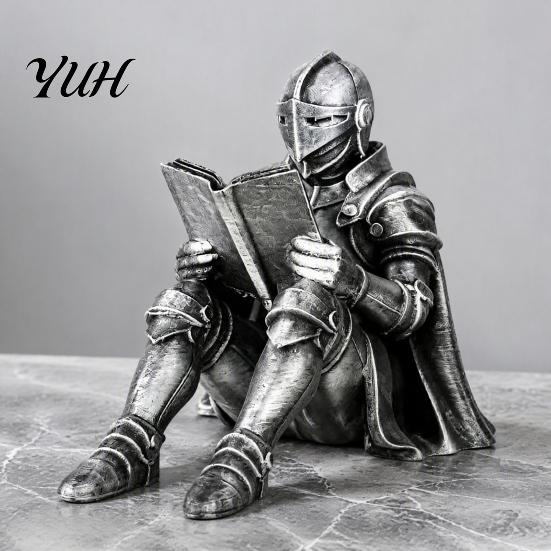 Creative Resin Statue Medieval Knight Book Nook Statue, 3D Printed Armored Reading Bookend Figurine, Retro Gothic Bookshelf Ornament for Study Office,