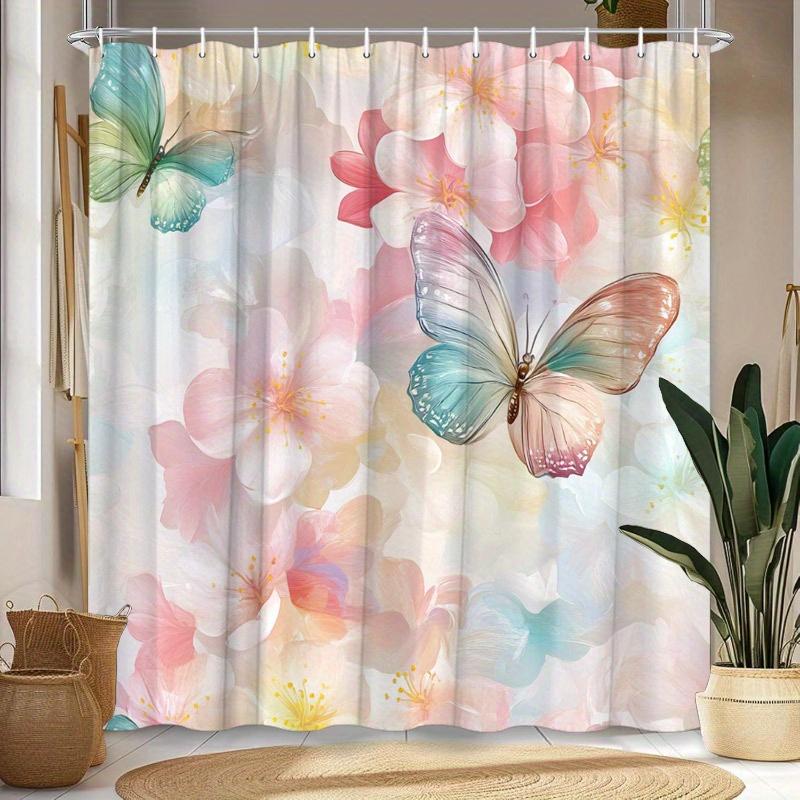 

1 Delicate Pastel Floral And Butterfly Shower Curtain - Light Pink, Peach, White, Lavender Flowers With Hooks, Polyester W60H190(CM)-1 Pcs