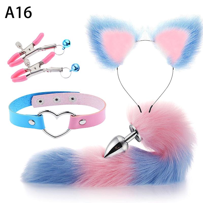 4Pcs Set Cute Fox Butt Tail Collar Anal Plug Nipple Clamp Soft Cat Ears Headbands Cosplay Adult Sex Toys Accessories