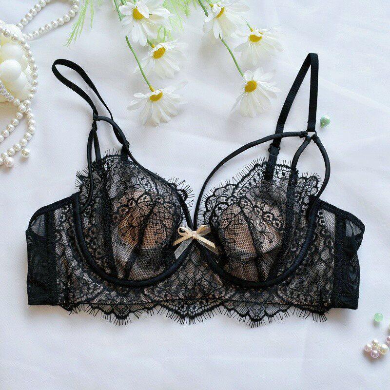 French sexy lace underwear women's big breasts show small and thin styles, and the sub-breasts are anti-sagging soft steel ring bra cover set.