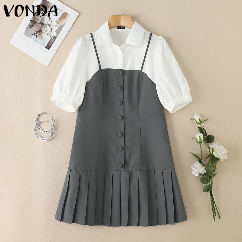 

VONDA Women Lapel Neck Short Sleeve Patchwork Casual Pleated Dress L серый