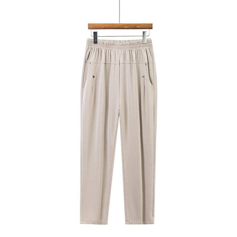 

Брюки для мам, летние свободные прямые брюки из ледяного шелка больших размеров, женские брюки среднего возраста 6XL бежевый