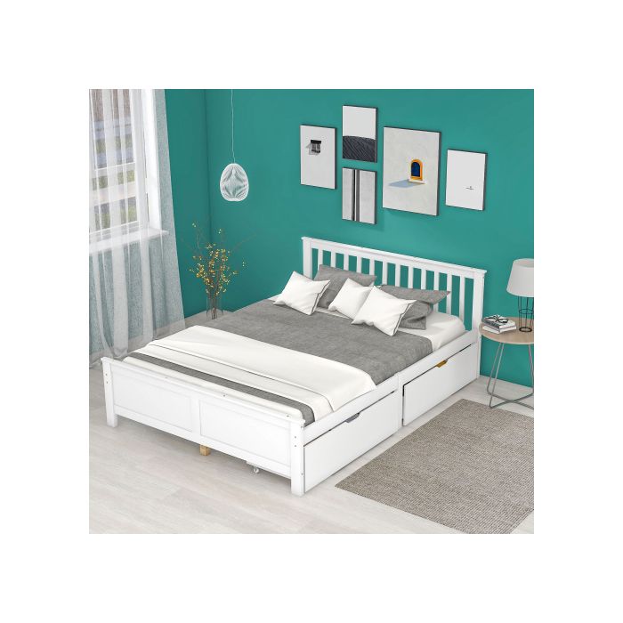 Lit double - MUVOE - 140x200 cm - Bois massif - Blanc - Avec tiroirs de rangement