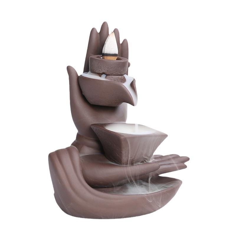 Purple Clay Backflow Incense Burner Creative Stone Mill Buddha Hand Design, Relaxing Aromatherapy Decoration for Home and Office
