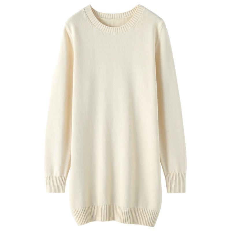 Women's Mid-Length Knitted Cotton Sweater Dress - Solid Color, Round Neck, Thick, Hip-Wrapping, Loose Fit