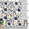 1pc Navy blue floral patterned shower curtain, polyester fabric, machine washable, with hooks, suitable for bathroom décor.