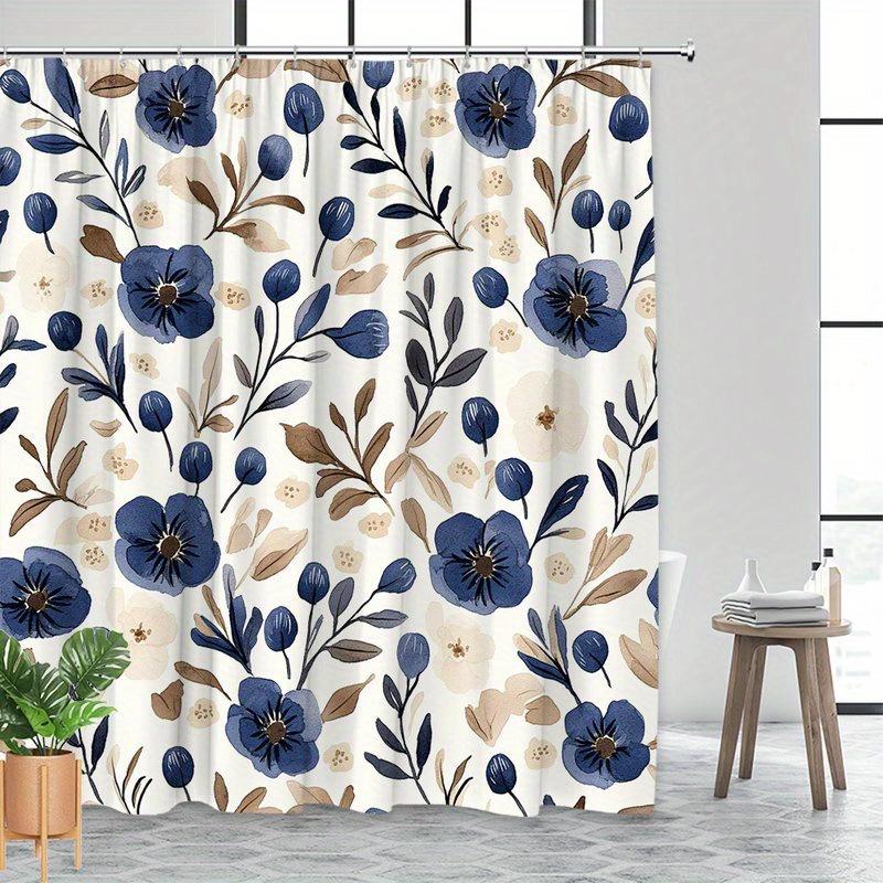 1pc Navy blue floral patterned shower curtain, polyester fabric, machine washable, with hooks, suitable for bathroom décor.