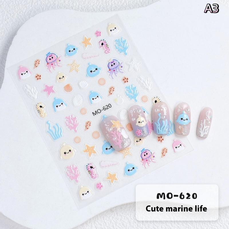 

Летние 3D мультяшные наклейки для ногтей, тисненые морские звезды, осьминоги, кораллы, морская пляжная тематика, наклейки для нейл-арта