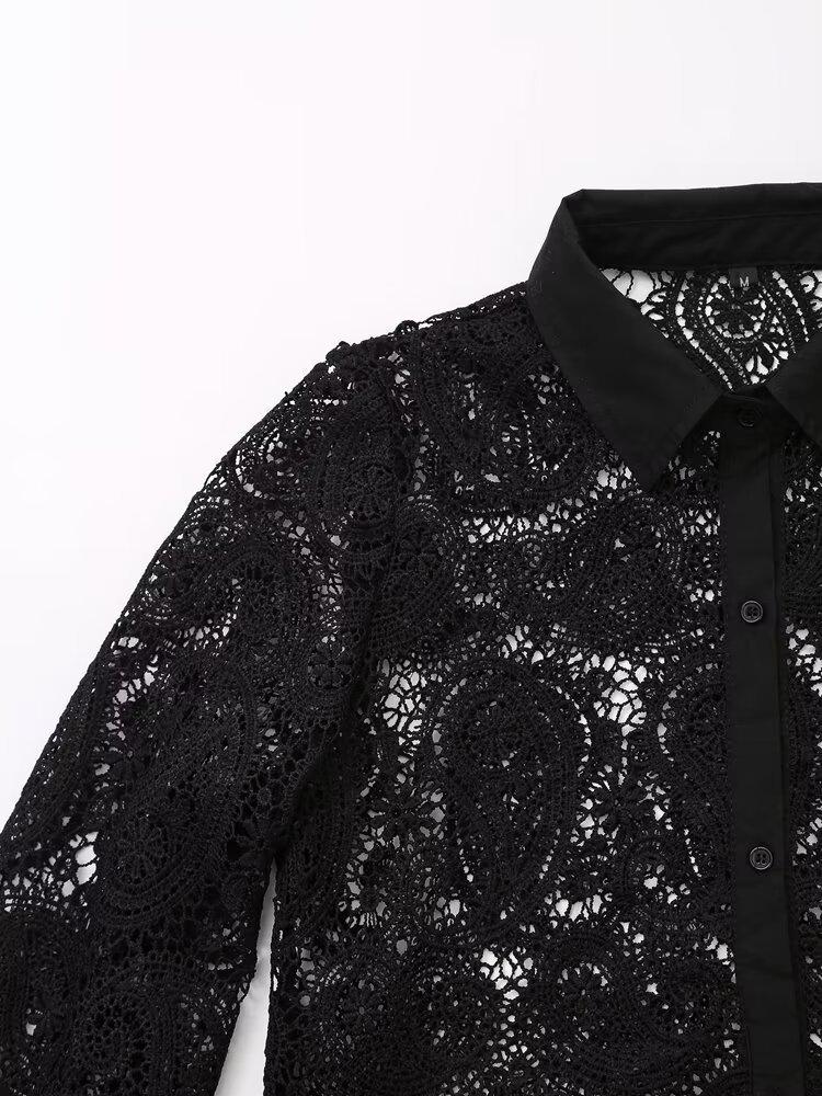 European & American Retro Crochet Knit Hollow Long Sleeve Women's Shirt