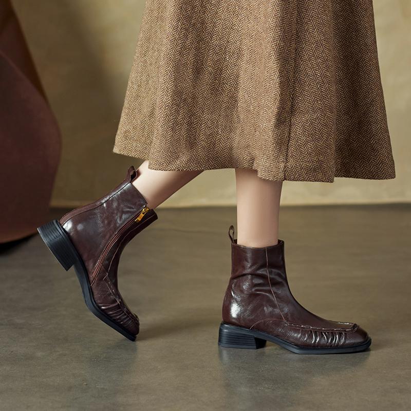 Fashion 2024 Autumn Women Boots Square Toe Chunky Heels Women Shoes Winter Ankle Boots Chelsea Genuine Leather Pleated Modern Boots