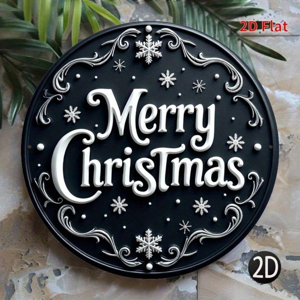 1pc Merry Christmas Metal Sign, Black & White Holiday Wall Decor with Elegant Script, Textured Metallic Surface, Indoor Outdoor Door Living Room
