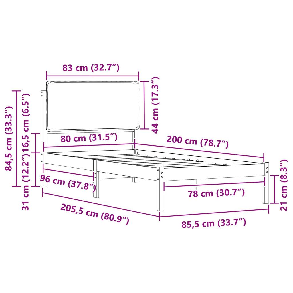 Bed Frame with Padded Headboard Light Grey 80 x 200 cm