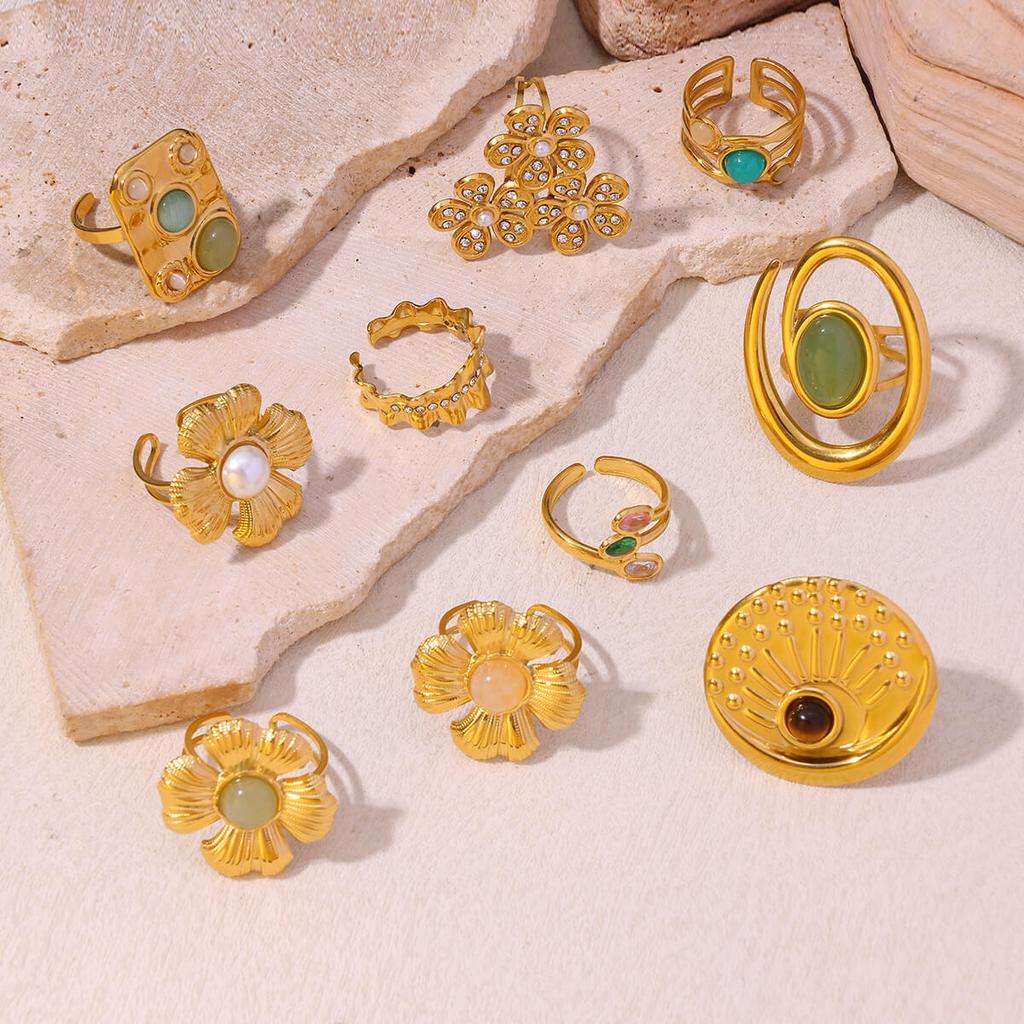 Vintage Green Stone Open Stainless Steel Rings For Women Fashion Gold Color Flower Zircon Ring Jewelry Aesthetic Anillos Gift