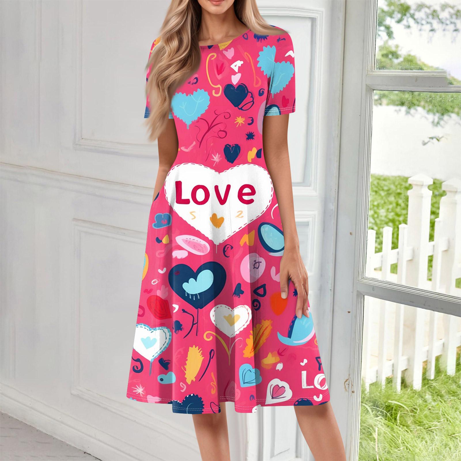 Women Casual Printed Round Neck Short Sleeved Long Dress L