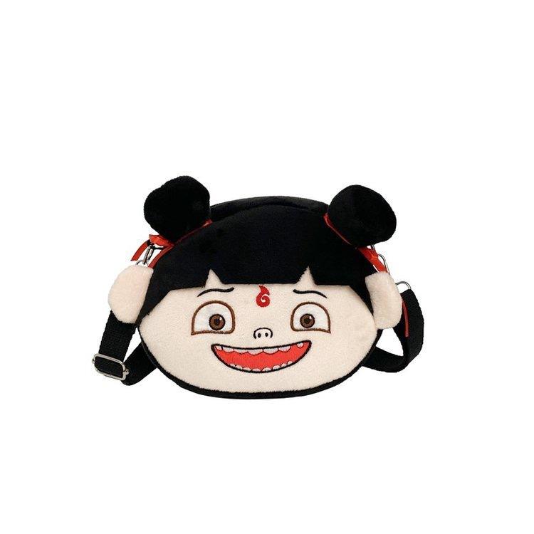 Cute Nezha Laughing And Big Eyed Expression Cartoon Embroidery Plush Backpack