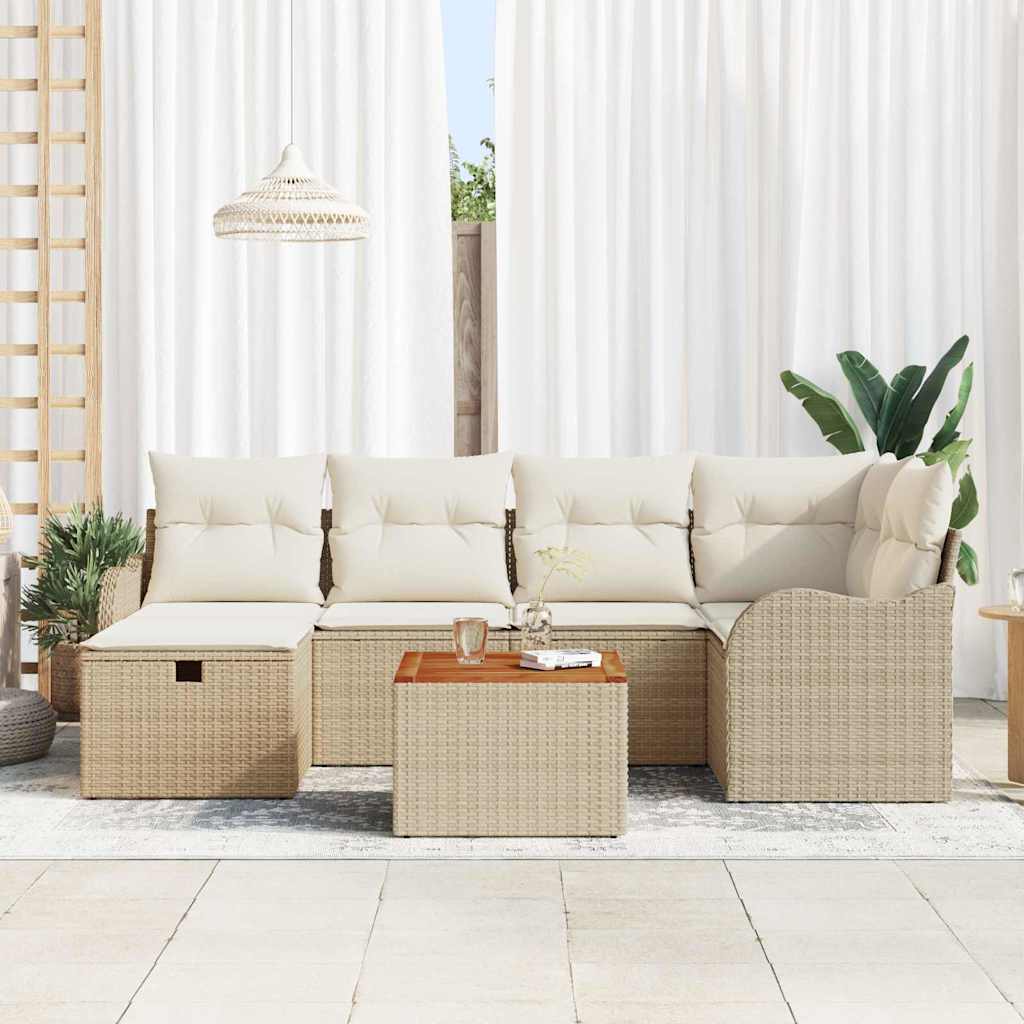 Garden Sofa Set with Cushions and Storage 7 Pieces Beige Poly Rattan