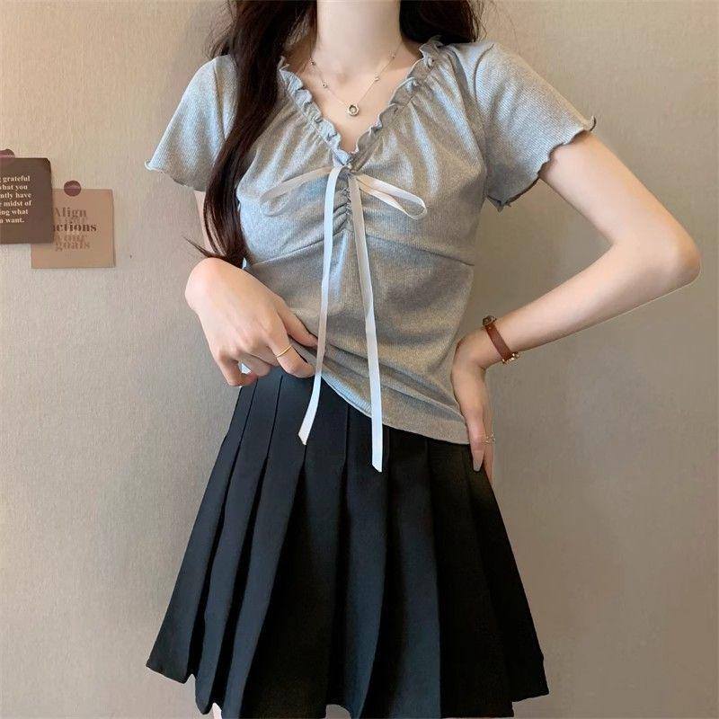 

Летний топ с V-образным вырезом, кружевной, приталенный, на кулиске, с коротким рукавом, женский Medium серый