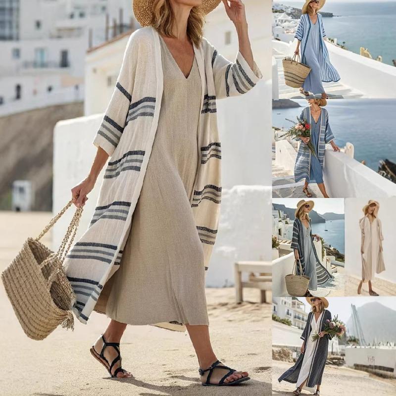 Летний женский полосатый льняной кардиган, длинный, свободный, повседневный, пляжный накидка S