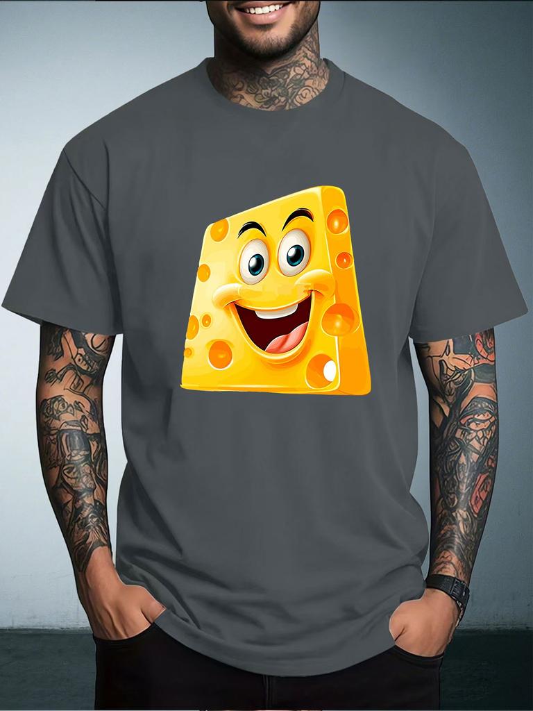 Unisex Summer White Short Sleeve Tee Cute Cartoon Smiling Cheese Block Graphic Print Crew Neck Loose Streetwear Male Casual Tops