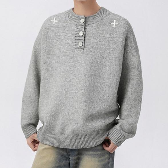 Trendy Unisex Henley Collar Embroidered Sweater - Cool & Handsome Lazy Style Knitwear for Autumn & Winter
