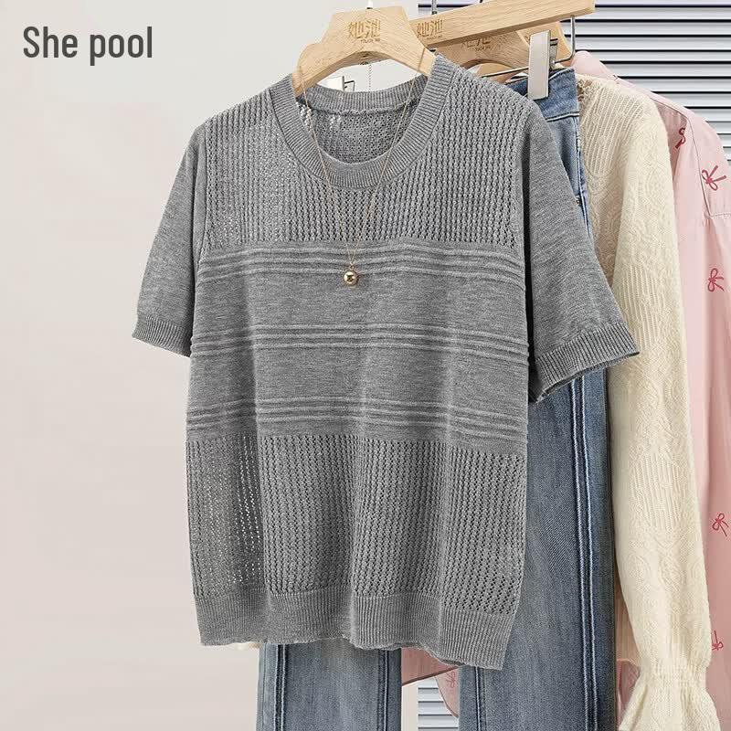 Women s Ice Silk Hollow Knit Short Sleeve T-Shirt M