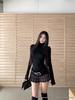 Women's Black High Neck Slim-Fit Brushed T-Shirt, Long Sleeve, Stretchy Inner Layer for Autumn/Winter.