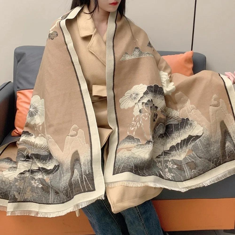 Chinese Style Imitation Cashmere Scarf Ink Painting Theme Double-sided Pashmina Blanket Thick Windproof Poncho Scarves