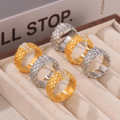 Wind Inlaid Diamond Woven Texture Ring Fashionable Retro Design Titanium Steel Plated 18K Real Gold Jewelry Women