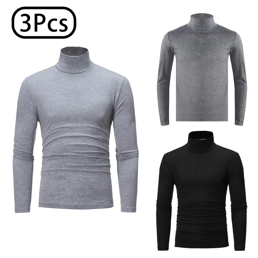 Conjunto de Camisas de Gola Alta Masculinas 3 Peças Manga Comprida Camada Base Térmica Ajuste Slim Cor Sólida