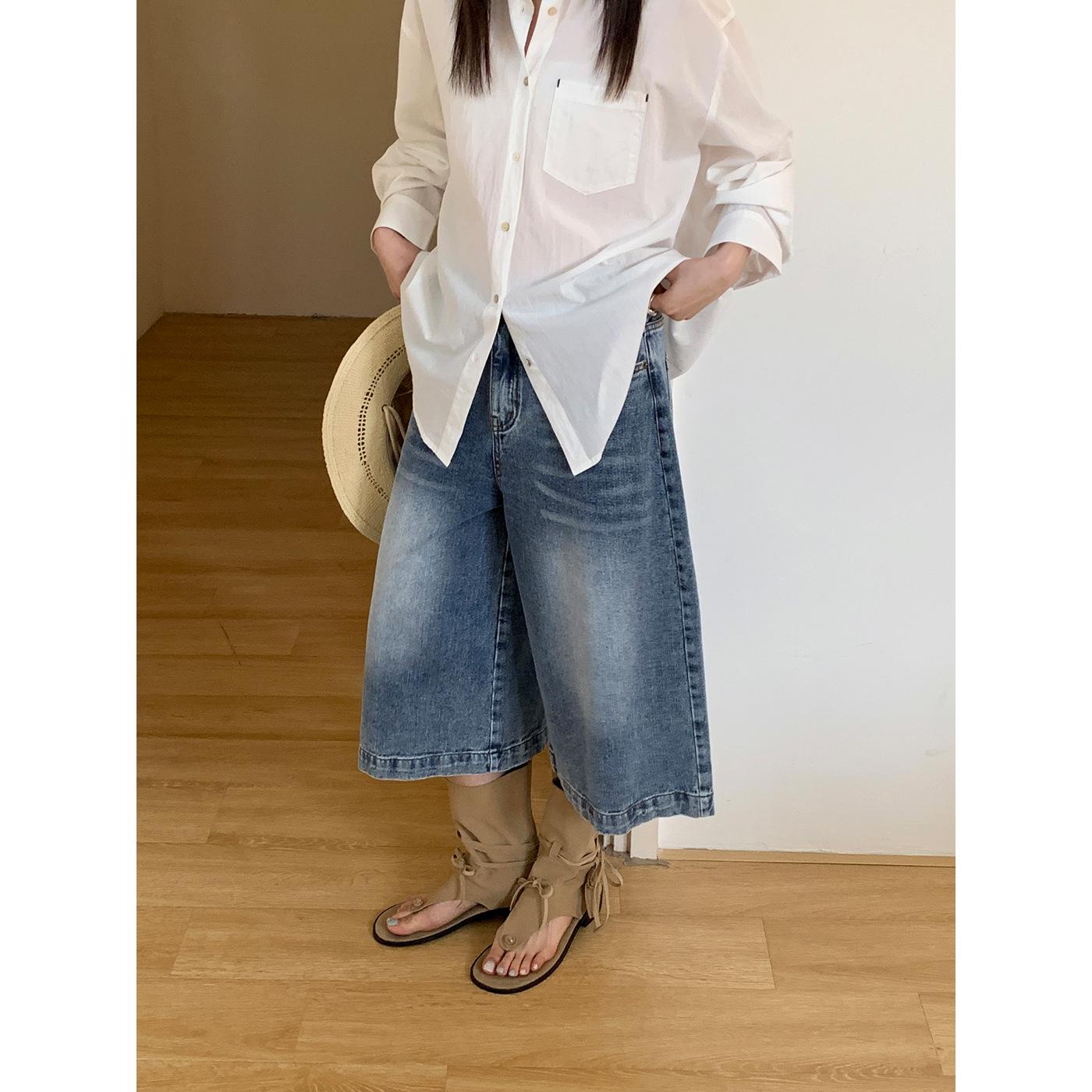 Women s 2026 Spring High Waist Retro Washed Denim Wide-Leg Pants L