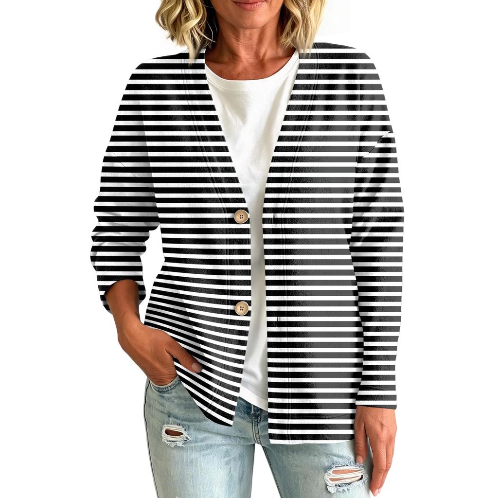 Damen Casual Knopfleiste Gestreifte Print Jacke für den Alltag