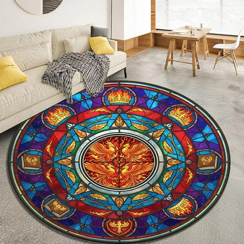 Phoenix Retro Mandala Round Area Rug,Carpet Rug for Living Room Bedroom Sofa Playroom Decor,Non-slip Floor Mat Q0029