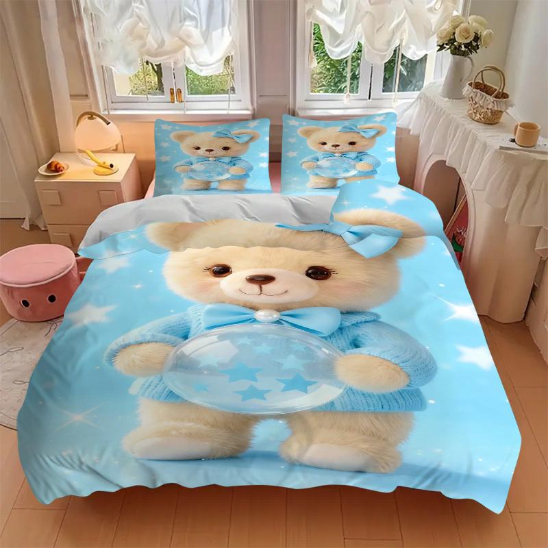 3pcs Anime Cartoon Design Teddy Bear Bedding Set - Includes One Quilt Cover and Two Pillowcases (No Core) - Perfect for Bedroom and Guest Ro