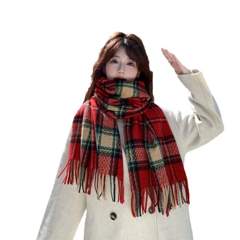 Red Plaid Scarf Women's Winter New Versatile Thickened Warm Scarf Student Christmas Gift