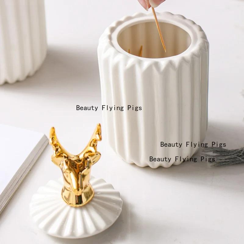 1pc Ceramic Toothpick Jar Cotton Swab Container Elk, Bird, Starfish Toothpick Jar Key Storage Box with Lid Household Goods