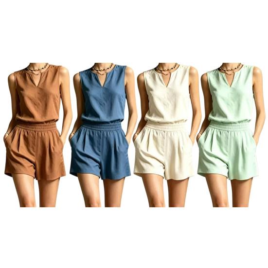 Conjuntos de Verano de 2 Piezas para Mujer, Camiseta sin Mangas Casual y Pantalones Cortos Elásticos de Cintura Alta a Juego, Conjuntos de Salón con Bolsillos
