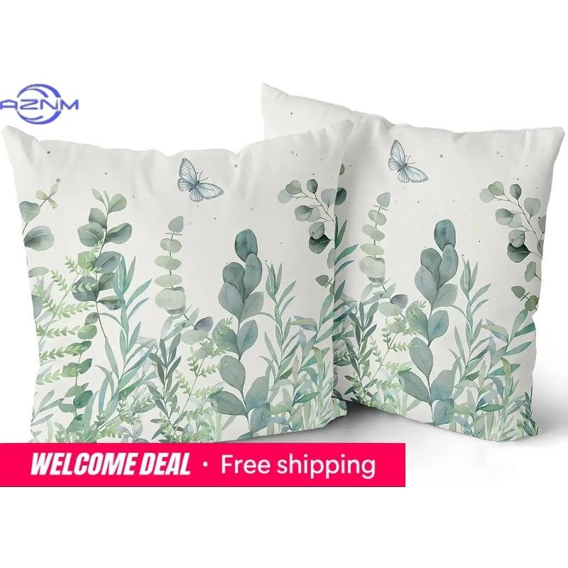 Eucalyptus Leaves Cushion Covers 18X18 Inch Set Of 2 Sage Green Leaf Butterfly Pillow Cases Spring Summer Floral Pillow Covers