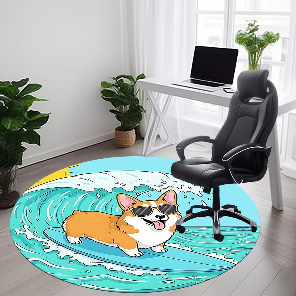 1PC Surfing Corgi Office Round Area Rug, Indoor Mat Suitable ForOffice, Under Office Chairs Bedroom Living Room Home Decor, Room Deco f008