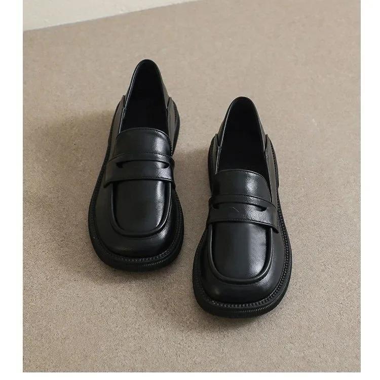 Luxury Black Leather Women Loafers Platform Slip on Shoes for Women Spring British Casual Flats Shoe Woman Low Heels