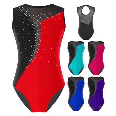 Mädchen Kontrastfarbiger Turnanzug Glänzendes Strass-Design Ärmellos Rundhalsausschnitt Gymnastik Tanzkostüm